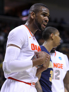  James Southerland #43 of the Syracuse Orange reacts after a play.