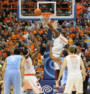 Rakeem Christmas rejects Joel Jones' shot. Christmas finished with just two points, but snagged eight rebounds and blocked four shots in Syracuse's win over North Carolina. 