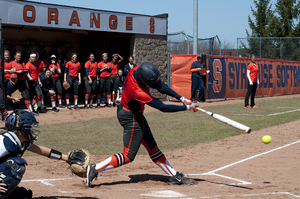 SU senior Mary Dombrowski takes a hack during her four-RBI performance Sunday in the Orange's loss to Pittsburgh.