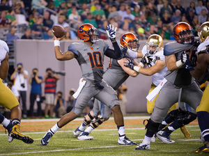 Terrel Hunt did play in the Notre Dame game (pictured) but missed the final seven games of the 2014 season with a fractured fibula. 