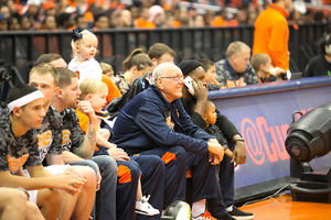 Jim Boeheim looks on as Orange Madness unfolds on the Carrier Dome court on Friday night. 