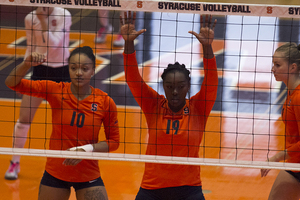 Santita Ebangwese (19) leads SU's front line with verbal shoutouts before each serve to properly position each member of the Orange.