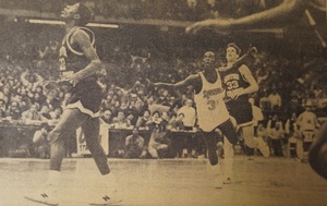 Pearl Washington watches his halfcourt shot fly toward the hoop in the Carrier Dome on Jan. 21, 1984.