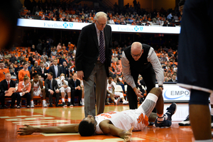 Tauren Thompson left the game in the final few minutes after tumbling to the ground. He couldn't put any weight on his left foot.