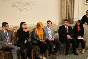 (From left) Ryan Houck, Kaitlyn Ellsweig, Ghufran Salih, Kyle Rosenblum, John Jankovic and Serena Fazal, Student Association presidential or vice presidential candidates, all declined to participate in the debate.