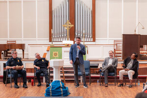 Syracuse Mayor Ben Walsh, Deputy Mayor Sharon Owens and Police Chief Joseph Cecile, along with other city officials, gathered at the Erwin First United Methodist Church to answer questions from attendees about neighborhood crime.