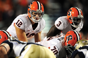 Ryan Nassib steps under center in his first career start at Syracuse. He was in control from the get-go, leading Syracuse on an 11-play, 69-yard drive to open the game, culminating with a 23-yard touchdown pass to wide receiver Aaron Weaver.