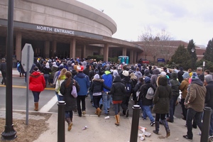 Students rush towards Gampel Pavilion at 2 p.m.