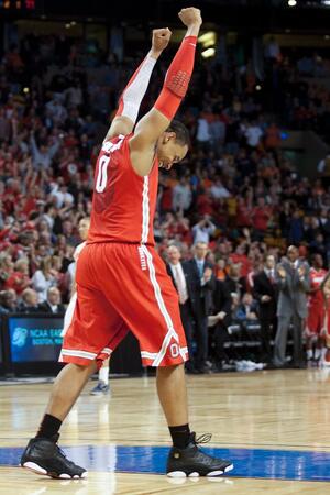 Jared Sullinger celebrates at the end of the Buckeyes' victory over the Orange to advance to the Final Four. 