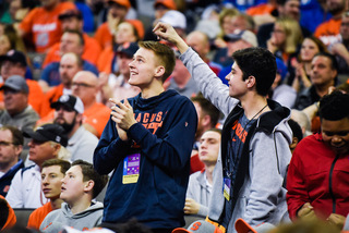 Syracuse commit Buddy Boeheim celebrates at the arena. He told The Daily Orange earlier this week that winning a national title for SU is his No. 1 goal. 