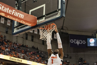 Quincy Guerrier, rising for a dunk, scored four points in 21 minutes.